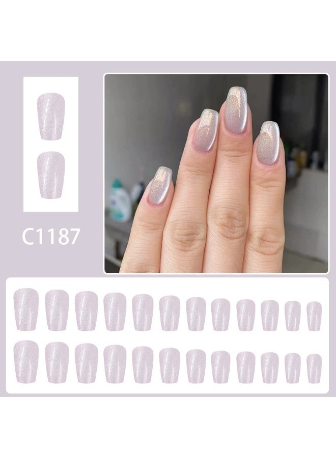 Goolsky أظافر ضغط مربعة قصيرة مع بريق عين القط الرمادي الفاتح - Image 4