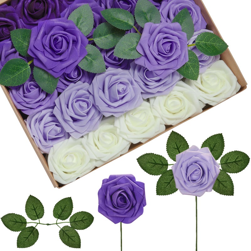 InnoGear Artificial Flowers, 50 Pcs Shades of Purple Foam Fake Roses Bulk with Stems for Decoration Celebration DIY Wedding Bouquets Centerpieces Bridal Shower Party Christmas Tree - Image 1