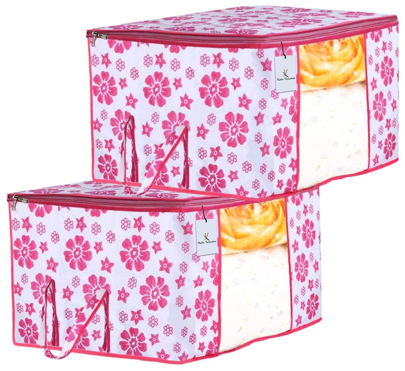 Kuber Industries Flower Design Non Woven Underbed Storage Bag Blanket Cover with Transparent Window Extra Large Pink CTKTC0344772 Piece - Image 1