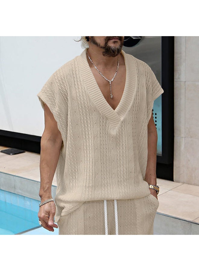 Men's Casual V-neck Loose Jacquard Knitwear Sleeveless Tank Top - Image 1