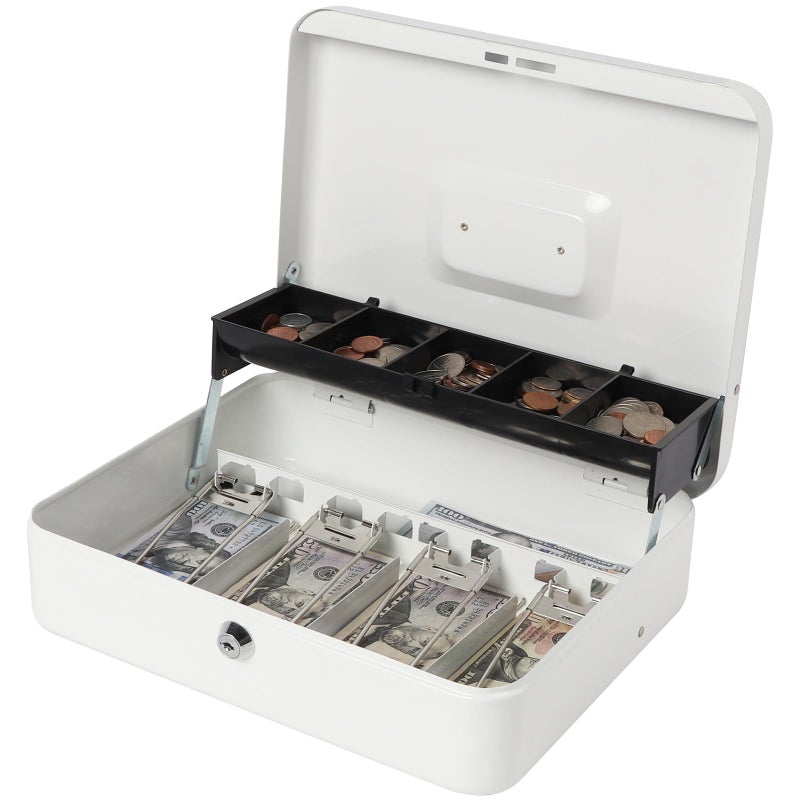 Jssmst Locking Large Metal Cash Box with Money Tray, Money Box with Key Lock, White, SM-CB0504L - Image 1