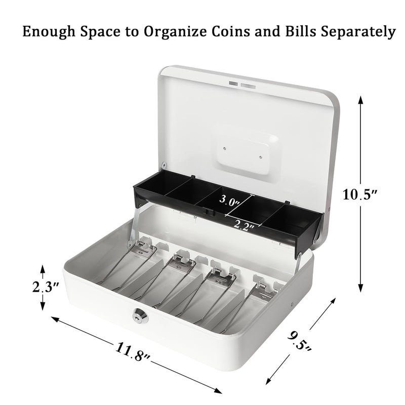 Jssmst Locking Large Metal Cash Box with Money Tray, Money Box with Key Lock, White, SM-CB0504L - Image 4