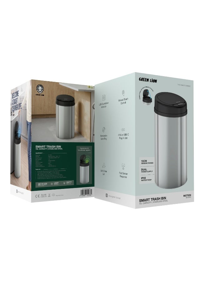 GREEN LION Smart Trash Bin 15L Stainless Steel Automatic Sensor Dustbin with Bin Capacity 15L & Manual Touch Control / Perfect for Home, Kitchen, Bathroom & Office / Removable Liner Ring / Soft-Close Lid  - Silver - Image 3