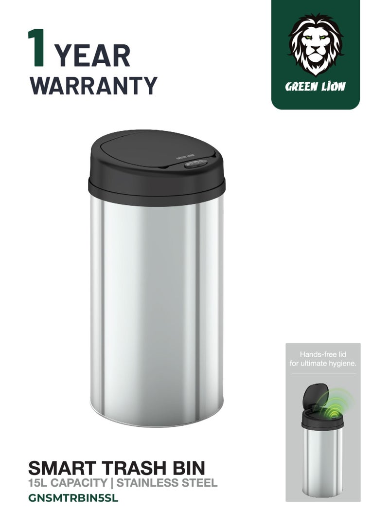GREEN LION Smart Trash Bin 15L Stainless Steel Automatic Sensor Dustbin with Bin Capacity 15L & Manual Touch Control / Perfect for Home, Kitchen, Bathroom & Office / Removable Liner Ring / Soft-Close Lid  - Silver - Image 1