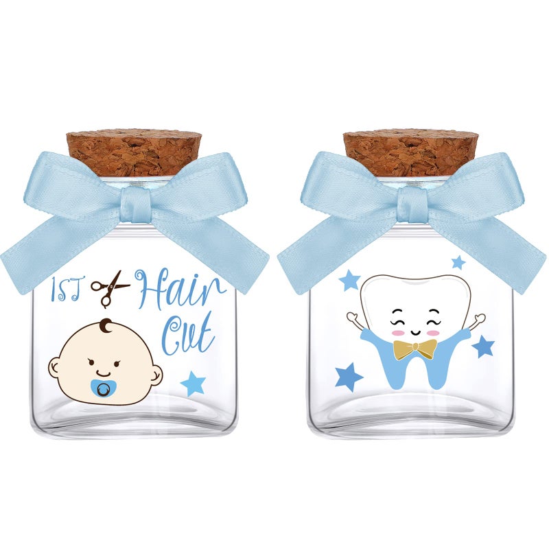 صندوق تذكار للأطفال من زجاج 2 قطعة لحفظ أول أسنان الشعر القصير للأولاد والبنات بنمط أزرق