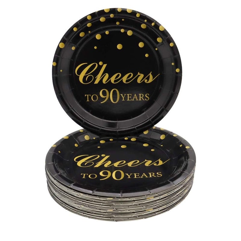 Pandecor 90th Birthday Party Supplies50 PCS Cheers to 90 Years Disposable 7 Inch Paper Plates Dessert Plates for 90 Years Anniversary Party
