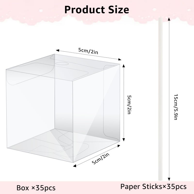 MGWOTH 35 Set Cake Pop Boxes with Paper Sticks Kit: Clear Gift Container with Holes for Candy, Macaron, Lollipop Packaging, Mini Plastic Cakepop Wrapping for Wedding Party Birthday Christmas - Image 3