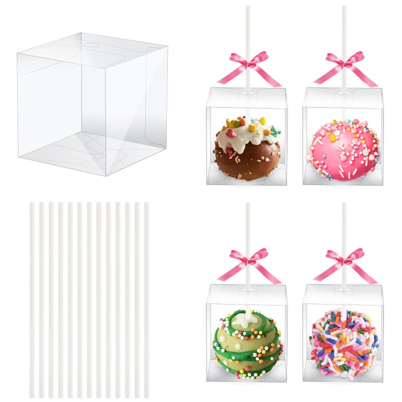 MGWOTH 35 Set Cake Pop Boxes with Paper Sticks Kit: Clear Gift Container with Holes for Candy, Macaron, Lollipop Packaging, Mini Plastic Cakepop Wrapping for Wedding Party Birthday Christmas - Image 1