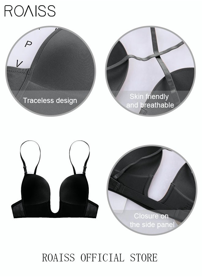 roaiss - Women's Smooth Plunge Bras U-shaped Gathered Seamless Low-cut Backless for Wedding Dress Invisible Bra Sweet Comfort Underwear Lingerie Soft Push Up Underwire Black - Image 1