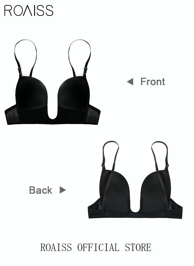 roaiss - Women's Smooth Plunge Bras U-shaped Gathered Seamless Low-cut Backless for Wedding Dress Invisible Bra Sweet Comfort Underwear Lingerie Soft Push Up Underwire Black - Image 1