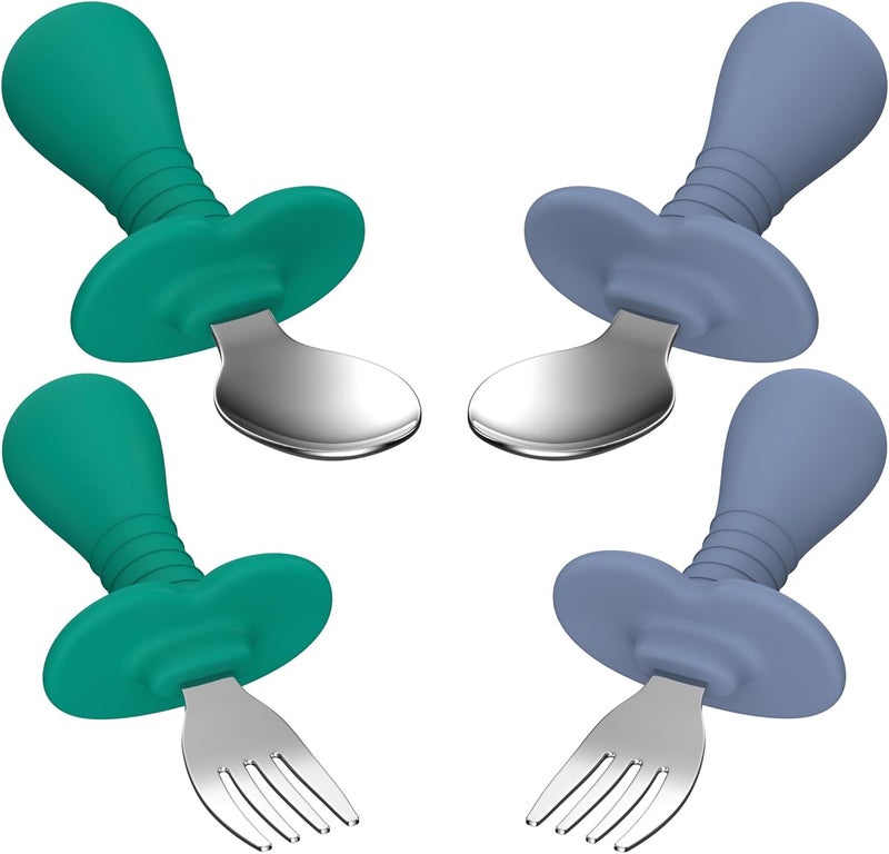SFCCMM Toddler Spoons and Forks Set 4Pcs Kids Silverware Set with Silicone Handle 188 Stainless Steel Children Safe Forks and Spoons Toddler Utensils BPA Free AntiChoke Design Dark Blue Green - Image 1