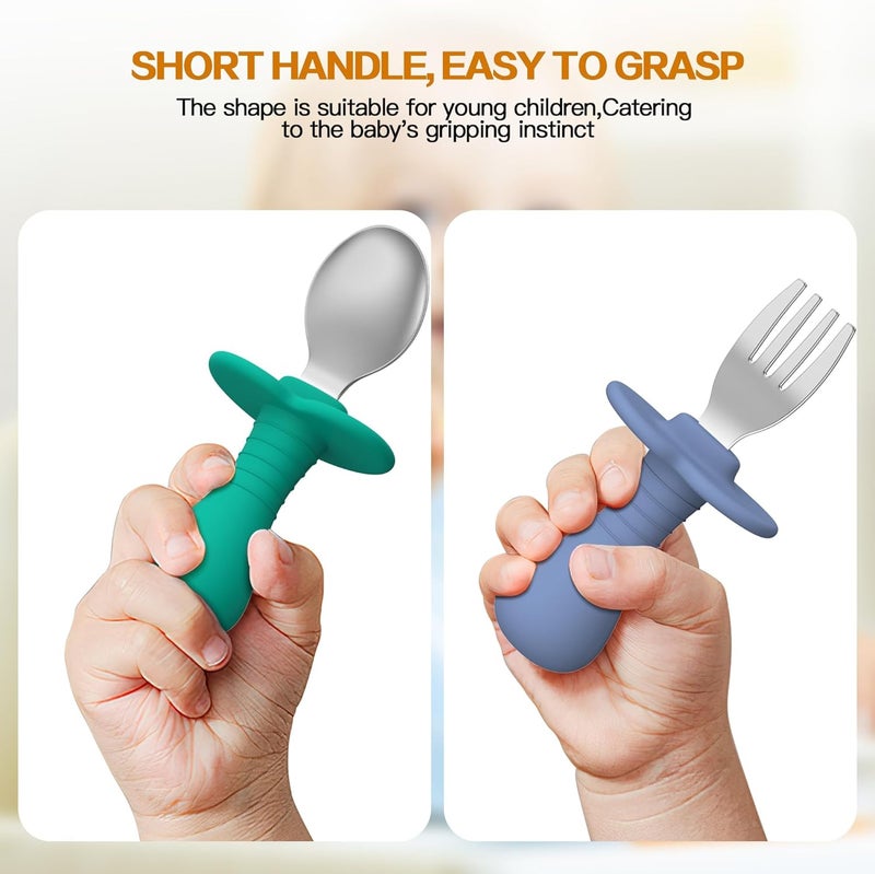 SFCCMM Toddler Spoons and Forks Set 4Pcs Kids Silverware Set with Silicone Handle 188 Stainless Steel Children Safe Forks and Spoons Toddler Utensils BPA Free AntiChoke Design Dark Blue Green - Image 5