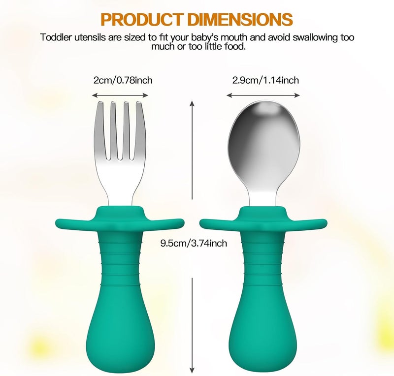 SFCCMM Toddler Spoons and Forks Set 4Pcs Kids Silverware Set with Silicone Handle 188 Stainless Steel Children Safe Forks and Spoons Toddler Utensils BPA Free AntiChoke Design Dark Blue Green - Image 2