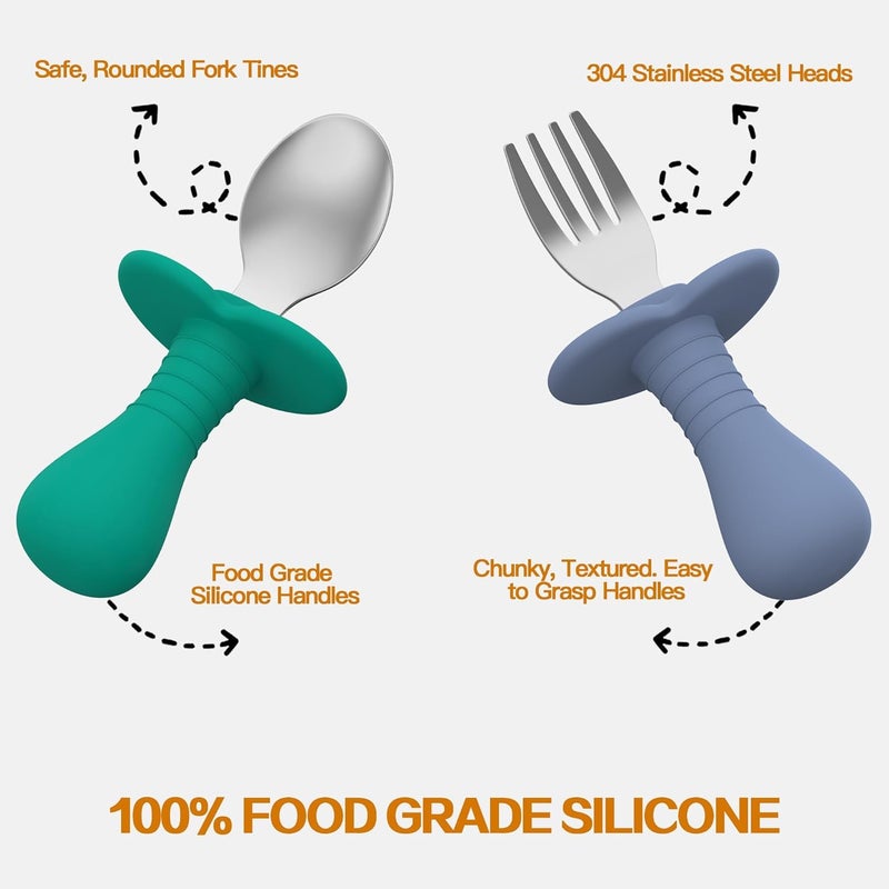 SFCCMM Toddler Spoons and Forks Set 4Pcs Kids Silverware Set with Silicone Handle 188 Stainless Steel Children Safe Forks and Spoons Toddler Utensils BPA Free AntiChoke Design Dark Blue Green - Image 4