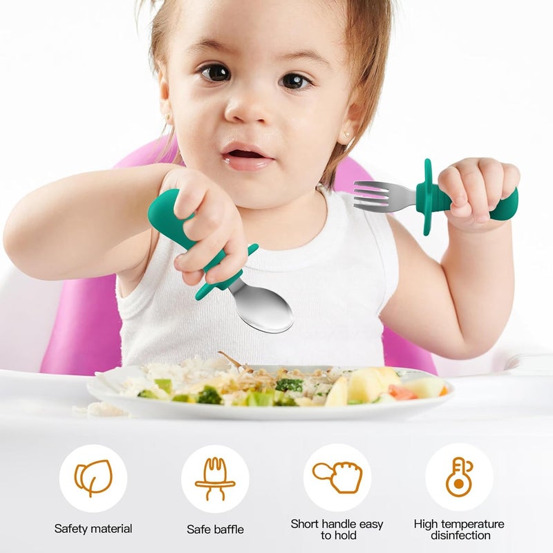 SFCCMM Toddler Spoons and Forks Set 4Pcs Kids Silverware Set with Silicone Handle 188 Stainless Steel Children Safe Forks and Spoons Toddler Utensils BPA Free AntiChoke Design Dark Blue Green - Image 3