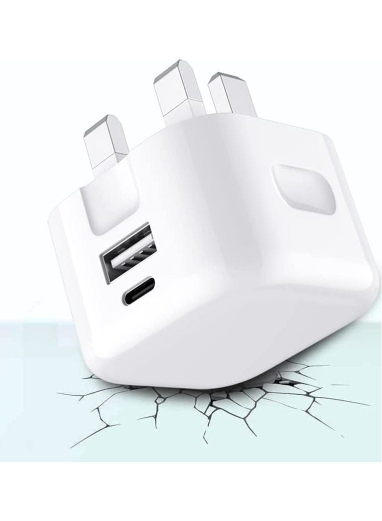 MUNTAQI USB + Type C Fast Charger Plug For Samsung Galaxy S23/S23 Plus/S23 Ultra/A14 5G/A54/S22 5G/S22 Plus 5G/S22 Ultra 5G/A53 5G/A13/A23 20W Dual Port UK Wall Plug Travel Fast Charging Plug (WHITE) - Image 2