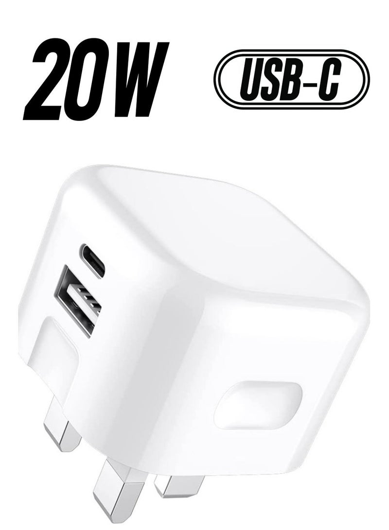 MUNTAQI USB + Type C Fast Charger Plug For Samsung Galaxy S23/S23 Plus/S23 Ultra/A14 5G/A54/S22 5G/S22 Plus 5G/S22 Ultra 5G/A53 5G/A13/A23 20W Dual Port UK Wall Plug Travel Fast Charging Plug (WHITE) - Image 1