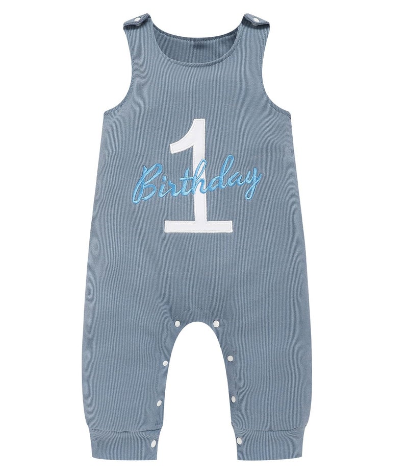 Viworld Baby Boy 1st Birthday Romper Infant Ribbed Jumpsuit Embroidery One Year Old Cake Smash Outfits (Grey Blue,12-18M) - Image 1