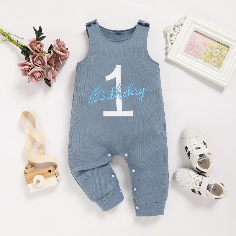 Viworld Baby Boy 1st Birthday Romper Infant Ribbed Jumpsuit Embroidery One Year Old Cake Smash Outfits (Grey Blue,12-18M) - Image 2