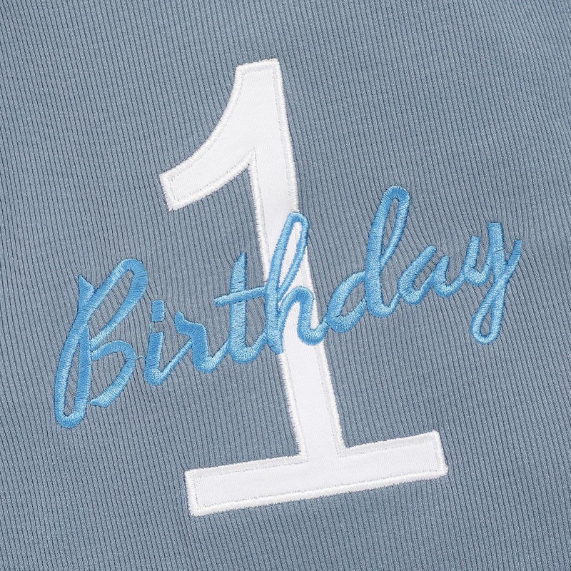 Viworld Baby Boy 1st Birthday Romper Infant Ribbed Jumpsuit Embroidery One Year Old Cake Smash Outfits (Grey Blue,12-18M) - Image 4