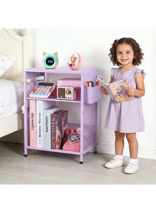 ECOLOVI Purple Kids Nightstand, 3-Tier Small Side Table for Small Spaces, Narrow End Table with Adjustable Storage Shelf, Girls Bedside Table for Toddler in Nursery, Living Room Sofa, Bedroom, Office - Image 1