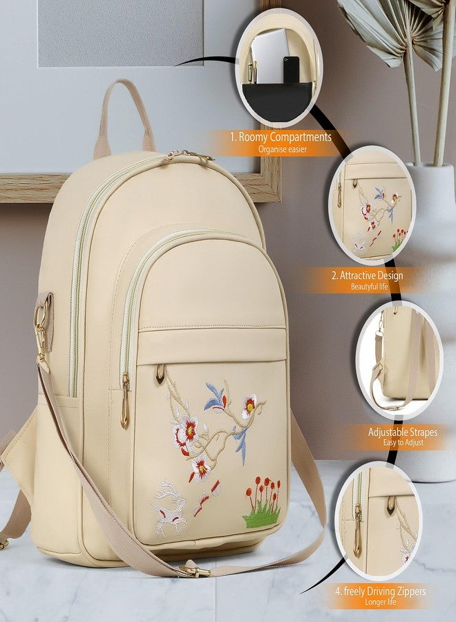 SKUGG 2024 New Flower Embroidered Artistic National Style Oxford Small Capacity Women's Backpack (Hiran_Cream) - Image 2