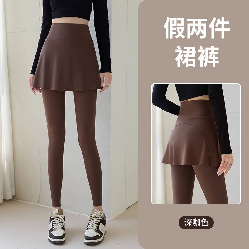 High Waist Tummy Control Shark Pants with Skirt Cover for Women dark curry - Image 1