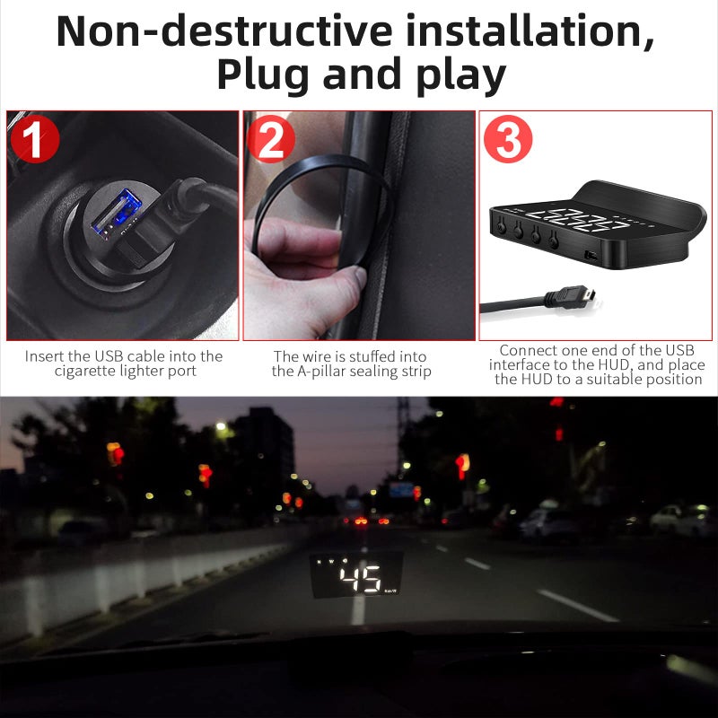 MAIMEIMI Windshield Heads Up Display for Car MAIMEIMI Digital Speedometer for Car HUD GPS Speedometer MPH with Travel Direction, Overspeed Alarm & Fatigue Driving Alarm for All 5V Vehicles - Image 5