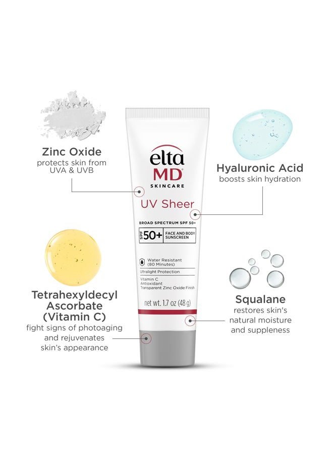 EltaMD UV Sheer Face and Body Sunscreen SPF 50+, Oil Free, No White Cast Sunscreen for Face and Body, Zinc Oxide Formula, 1.7 oz Tube - Image 3