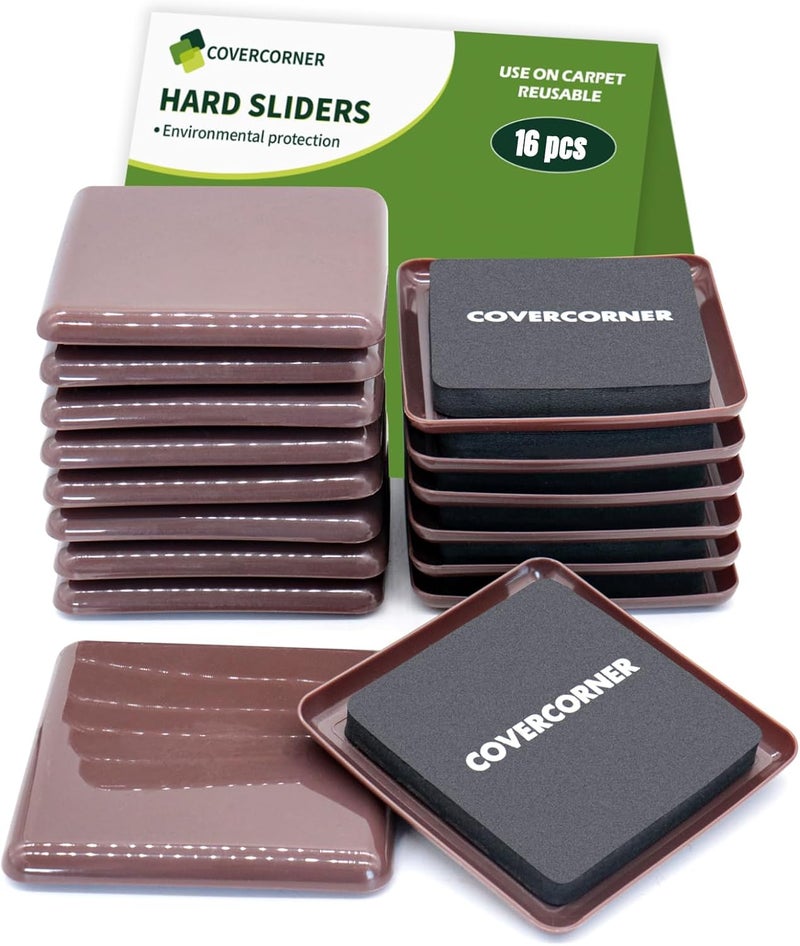 covercorner Furniture Sliders for Carpet 16 PCS - 3 1/2 inch Furniture Moving Slider Chair Legs Floors Protectors Square Furniture Movers Sliders – Move Your Furniture Easy & Safely(for Carpet)-Brown - Image 1