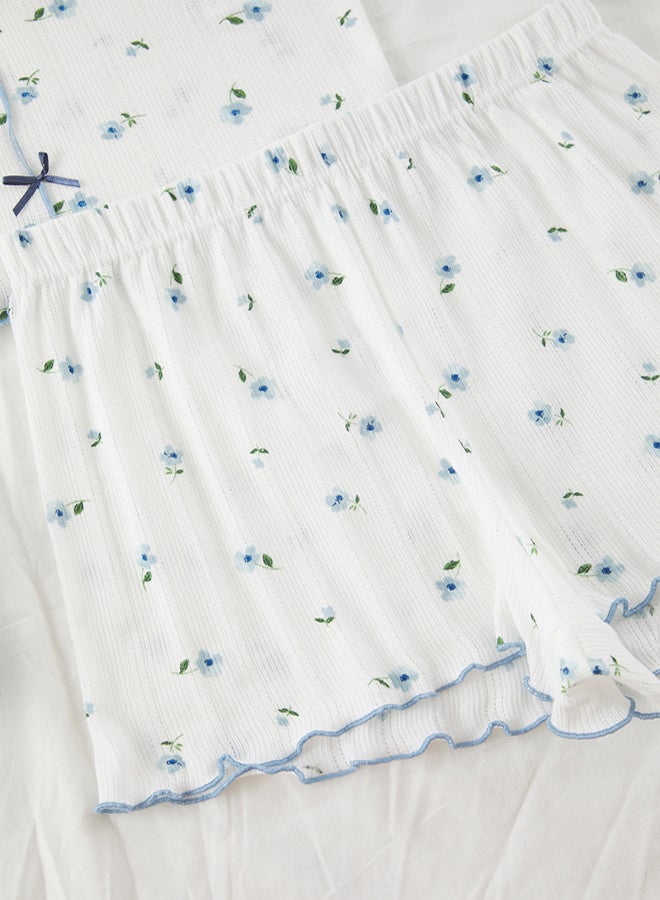 trendyol White % Cotton Floral Ribbon/Bow Knitted Pajama Set - Image 5