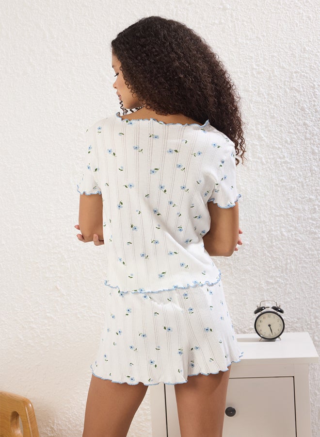 trendyol White % Cotton Floral Ribbon/Bow Knitted Pajama Set - Image 4