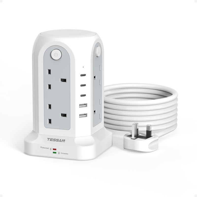 تيسان TESSAN Tower Extension Lead 5M with 5 USB Slots, 8 Way Power Strip - Image 1