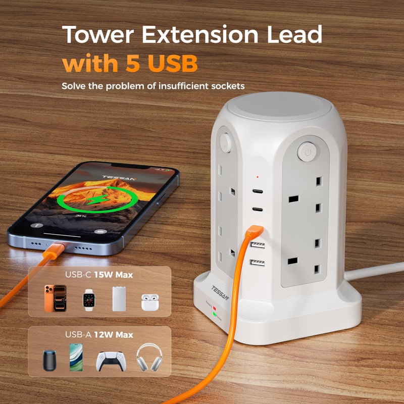 تيسان TESSAN Tower Extension Lead 5M with 5 USB Slots, 8 Way Power Strip - Image 4