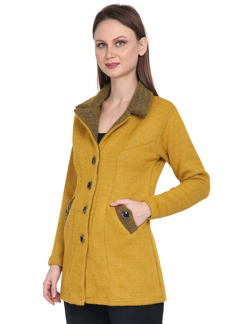 Matelco Womens Woollen Collared Coat Cardigan (IN, Alpha, XL, Mustard Yellow) - Image 3
