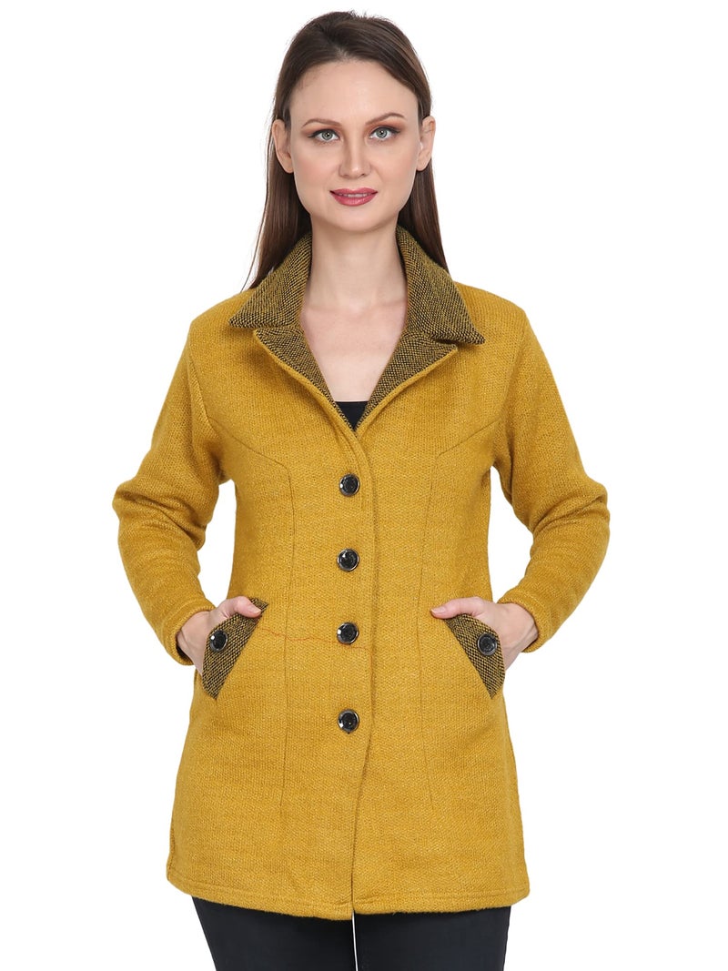 Matelco Womens Woollen Collared Coat Cardigan (IN, Alpha, XL, Mustard Yellow) - Image 1