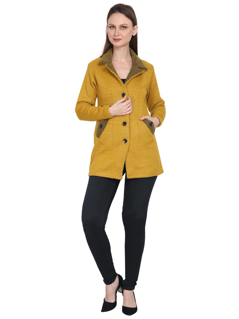 Matelco Womens Woollen Collared Coat Cardigan (IN, Alpha, XL, Mustard Yellow) - Image 2