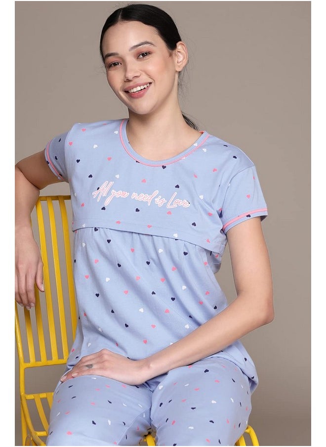 beebelle - beebelle Women's Cotton Sky Blue & Heart Print Maternity & Feeding Pajama Set T-Shirt & Pajama Night Suit Set 1069, Medium - Image 1