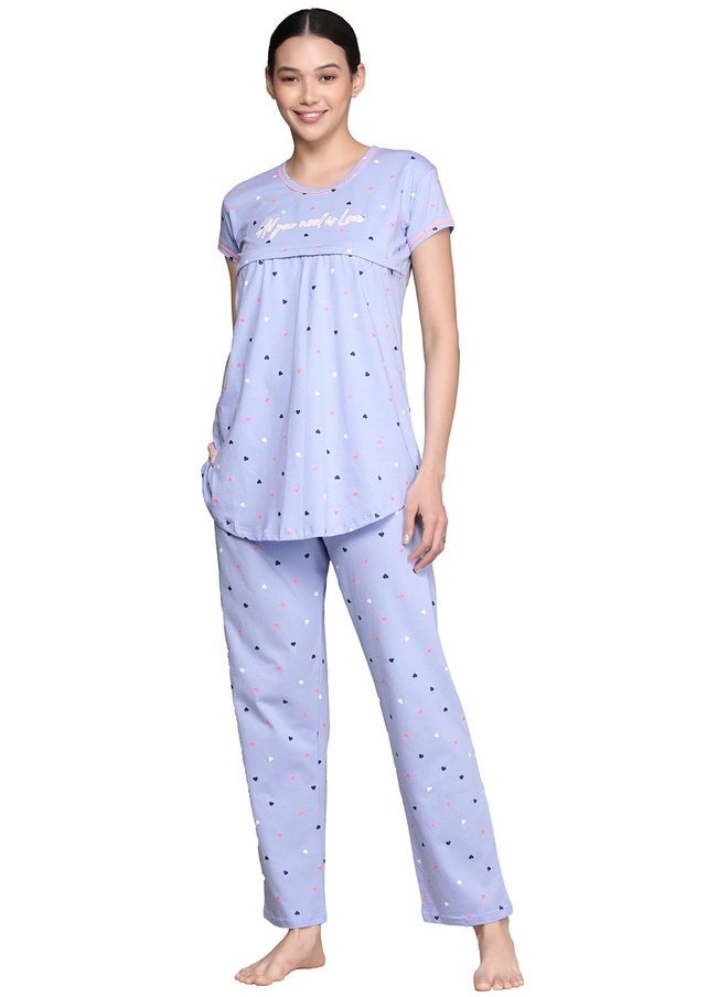 beebelle - beebelle Women's Cotton Sky Blue & Heart Print Maternity & Feeding Pajama Set T-Shirt & Pajama Night Suit Set 1069, Medium - Image 1