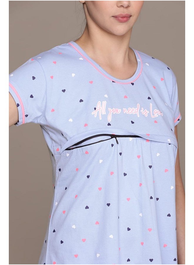 beebelle - beebelle Women's Cotton Sky Blue & Heart Print Maternity & Feeding Pajama Set T-Shirt & Pajama Night Suit Set 1069, Medium - Image 1