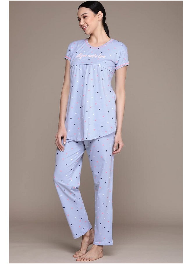 beebelle - beebelle Women's Cotton Sky Blue & Heart Print Maternity & Feeding Pajama Set T-Shirt & Pajama Night Suit Set 1069, Medium - Image 1
