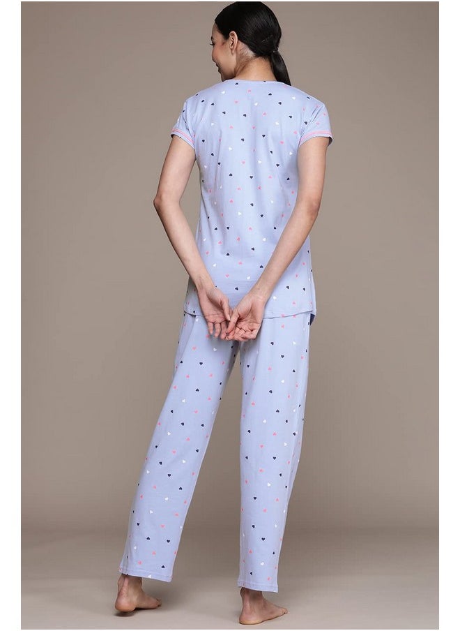 beebelle - beebelle Women's Cotton Sky Blue & Heart Print Maternity & Feeding Pajama Set T-Shirt & Pajama Night Suit Set 1069, Medium - Image 1