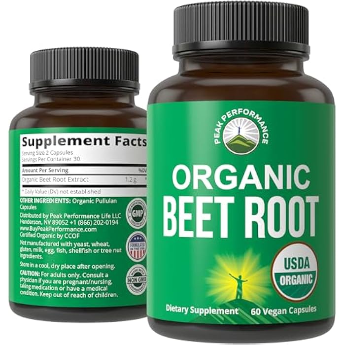 Peak Performance USDA Organic Beet Root Vegan Capsules. Beets Juice Powder Super Food Pills 1200 mg. Nitric Oxide Energy Boosting Beetroot Extract Capsules. Polyphenol Support Supplement for Women and Men - Image 1