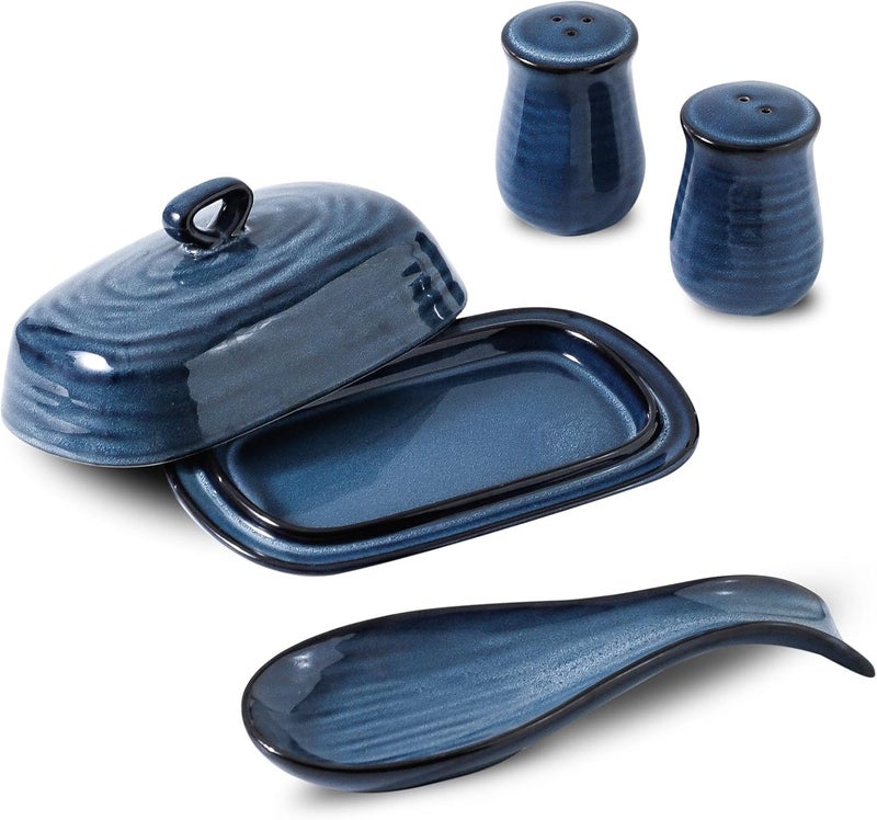 Hasense Ceramic Butter Dish and Spoon Rest Salt and Pepper Shakers 4 in 1 Set Blue Table Decor and Accessories for Cooking Lovers Home and Kitchen Gift - Image 1