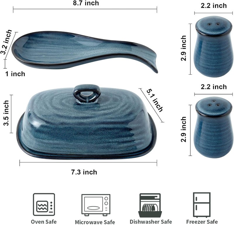 Hasense Ceramic Butter Dish and Spoon Rest Salt and Pepper Shakers 4 in 1 Set Blue Table Decor and Accessories for Cooking Lovers Home and Kitchen Gift - Image 3