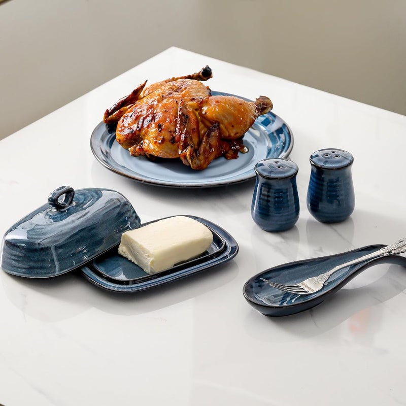 Hasense Ceramic Butter Dish and Spoon Rest Salt and Pepper Shakers 4 in 1 Set Blue Table Decor and Accessories for Cooking Lovers Home and Kitchen Gift - Image 2