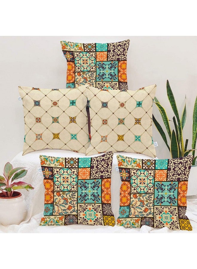 STITCHNEST Ethnic Art Box Printed Poly Cotton Cushion Cover, Set of 5 (16 X 16 Inches) - Image 1