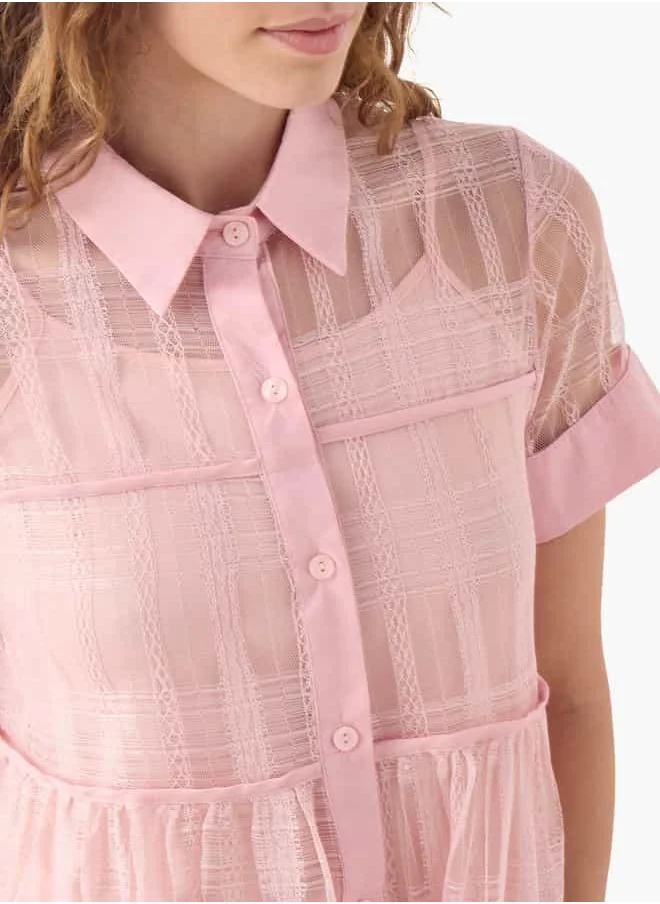 2Xtremz 2Xtremz Mesh Midi Shirt Dress with Short Sleeves and Button Closure