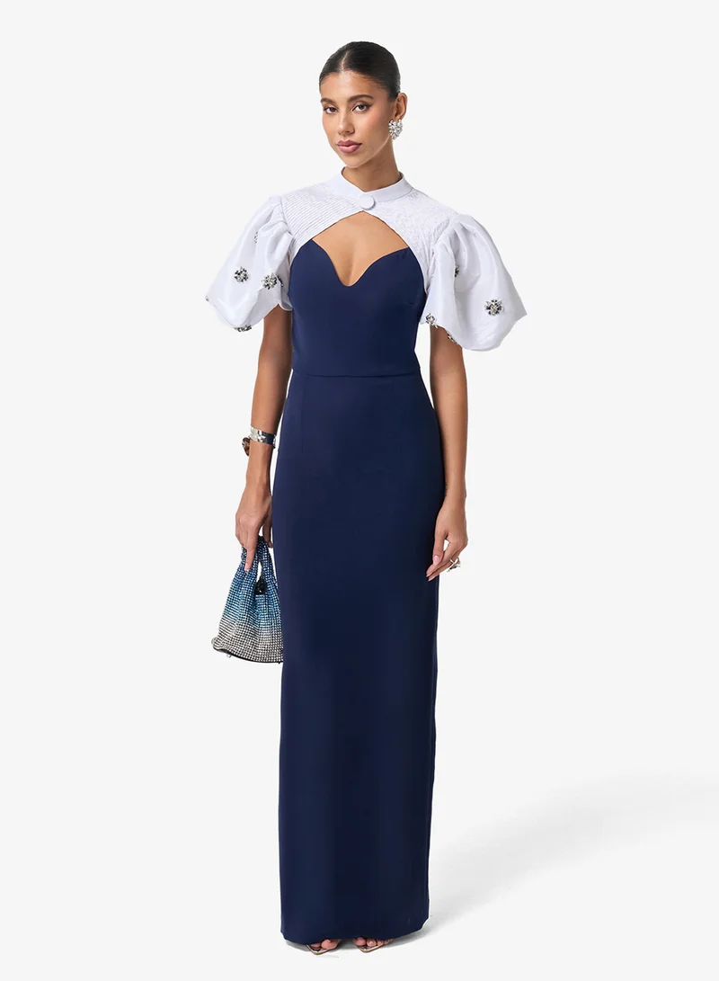 Threadz by Ajooni Cape Puff Sleeve Sweetheart Neck Maxi Dress