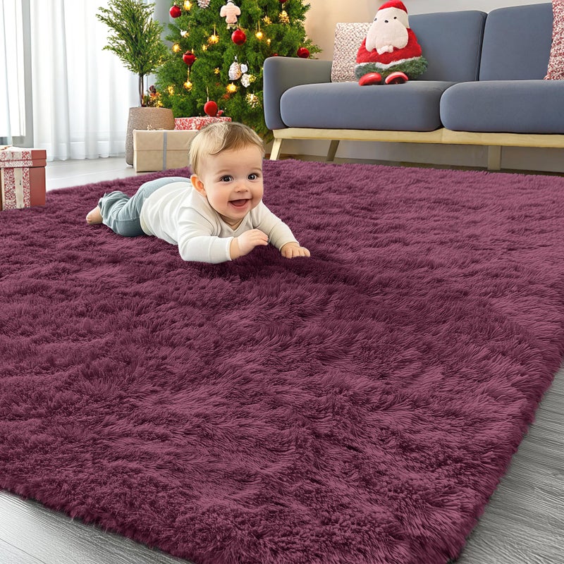 OLANLY Area Rugs for Living Room Bedroom, Machine Washable 4x5.9 ft Soft Fluffy Shaggy Bedside Rug, Indoor Floor Carpet for Kids Girls and Boys, Dorms, Nursery Rooms, Home Decor Aesthetic, Burgundy - Image 1